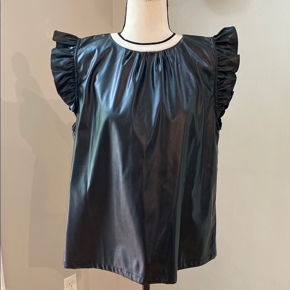 THML medium vegan leather flutter sleeveless tank layering black